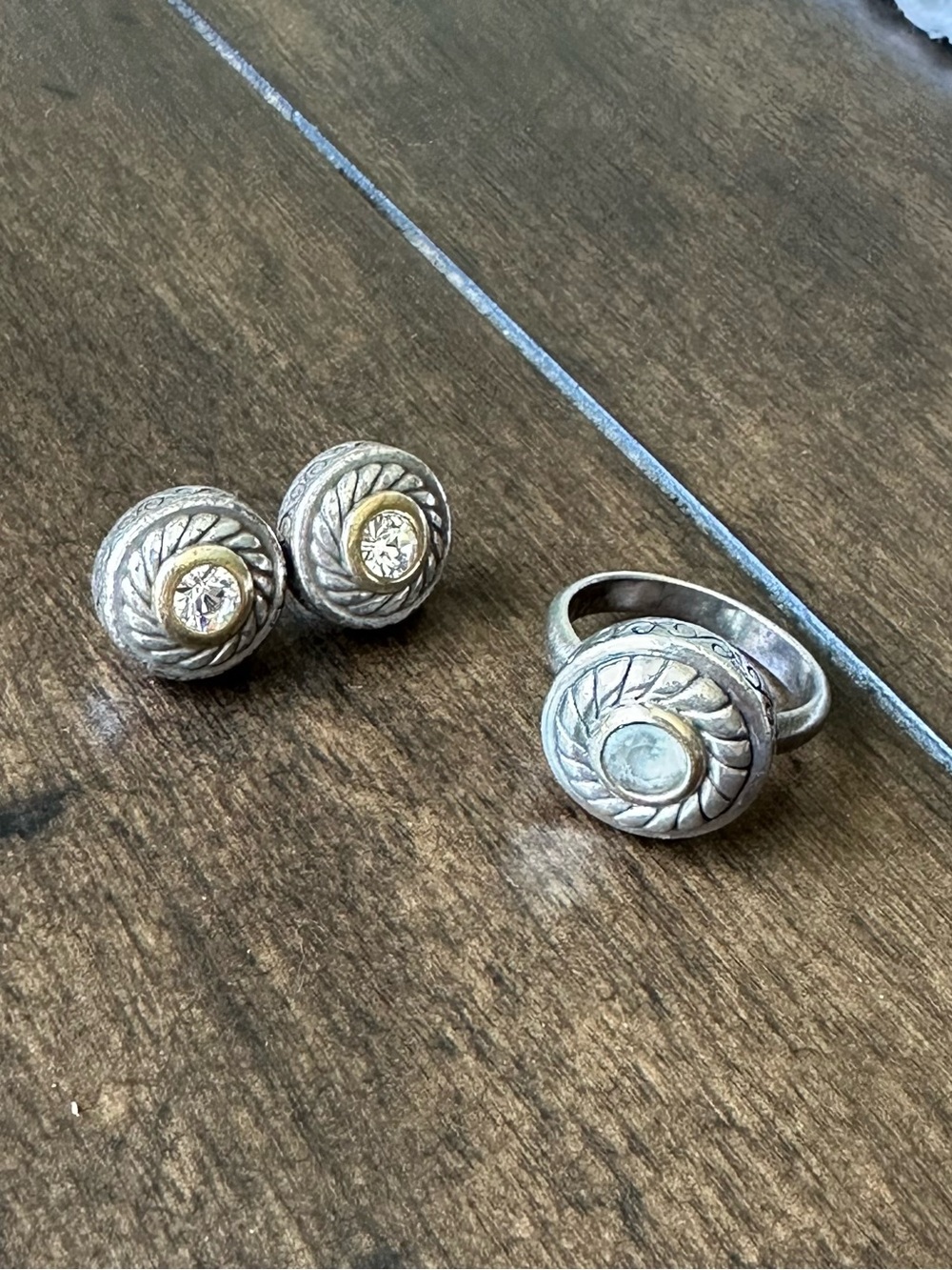 Silver Textured Round Ring and Stud Earring Set with Gold Accents